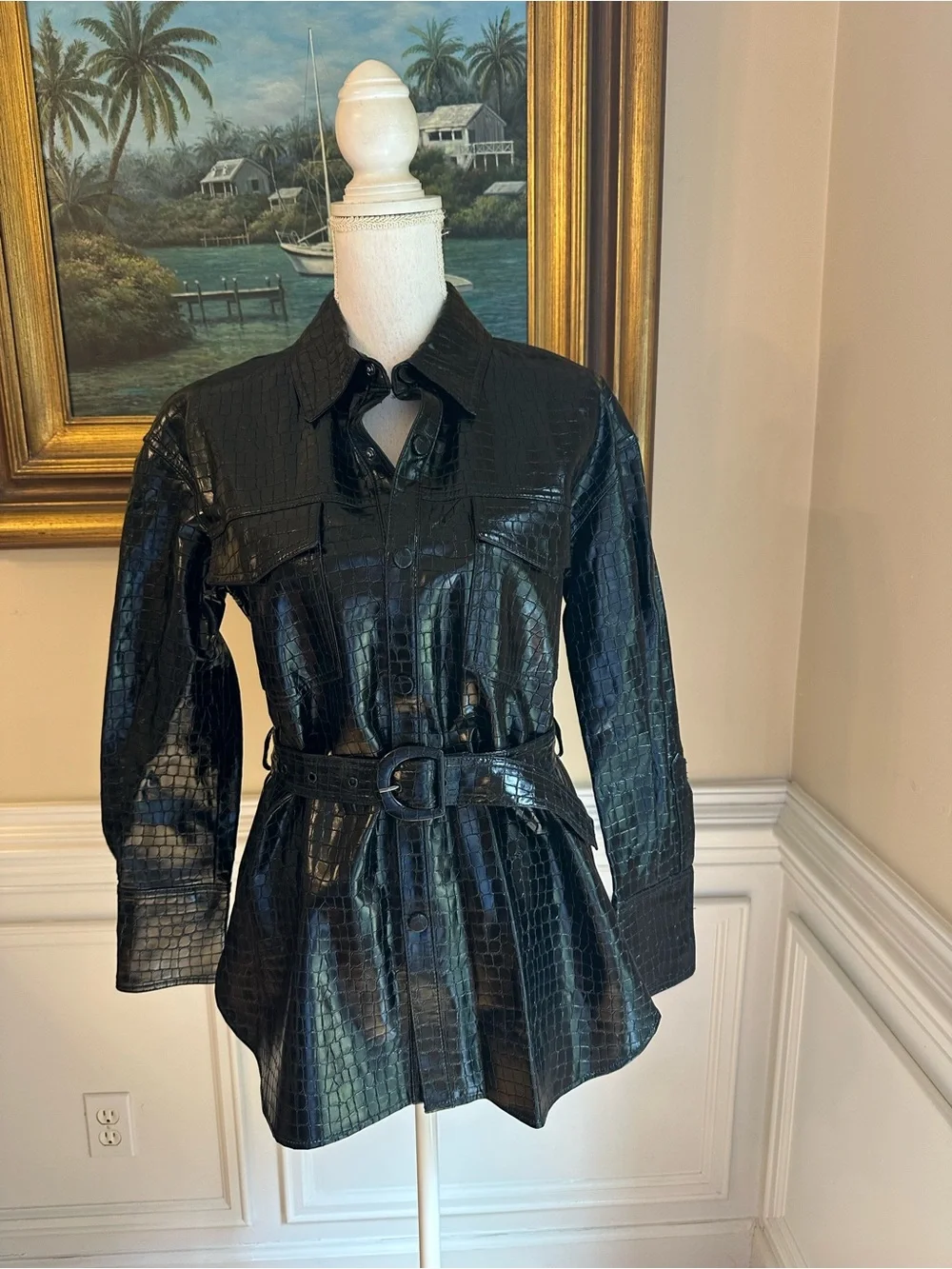 ZARA Black Faux Leather Croc Embossed Shirt Belted Jacket NWT